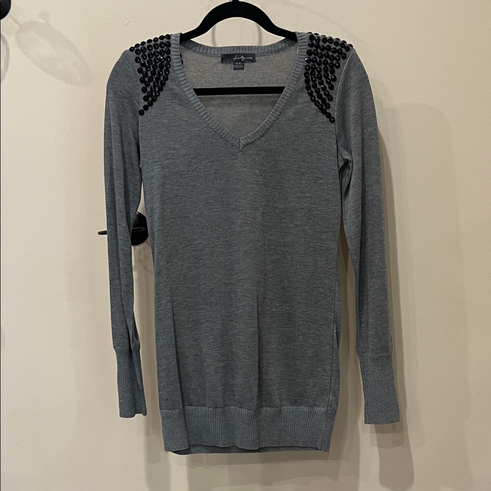 Gray V-Neck Sweater with Black Jeweled Beaded Shoulders